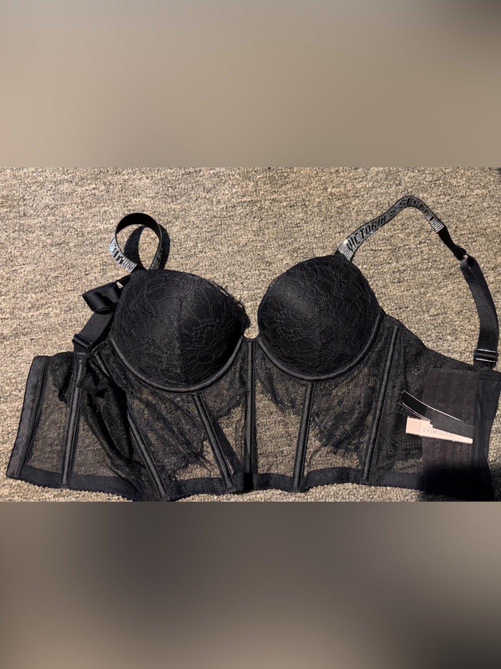 Victoria's Secret Black Lace Longline Push-Up Bra with Logo Straps